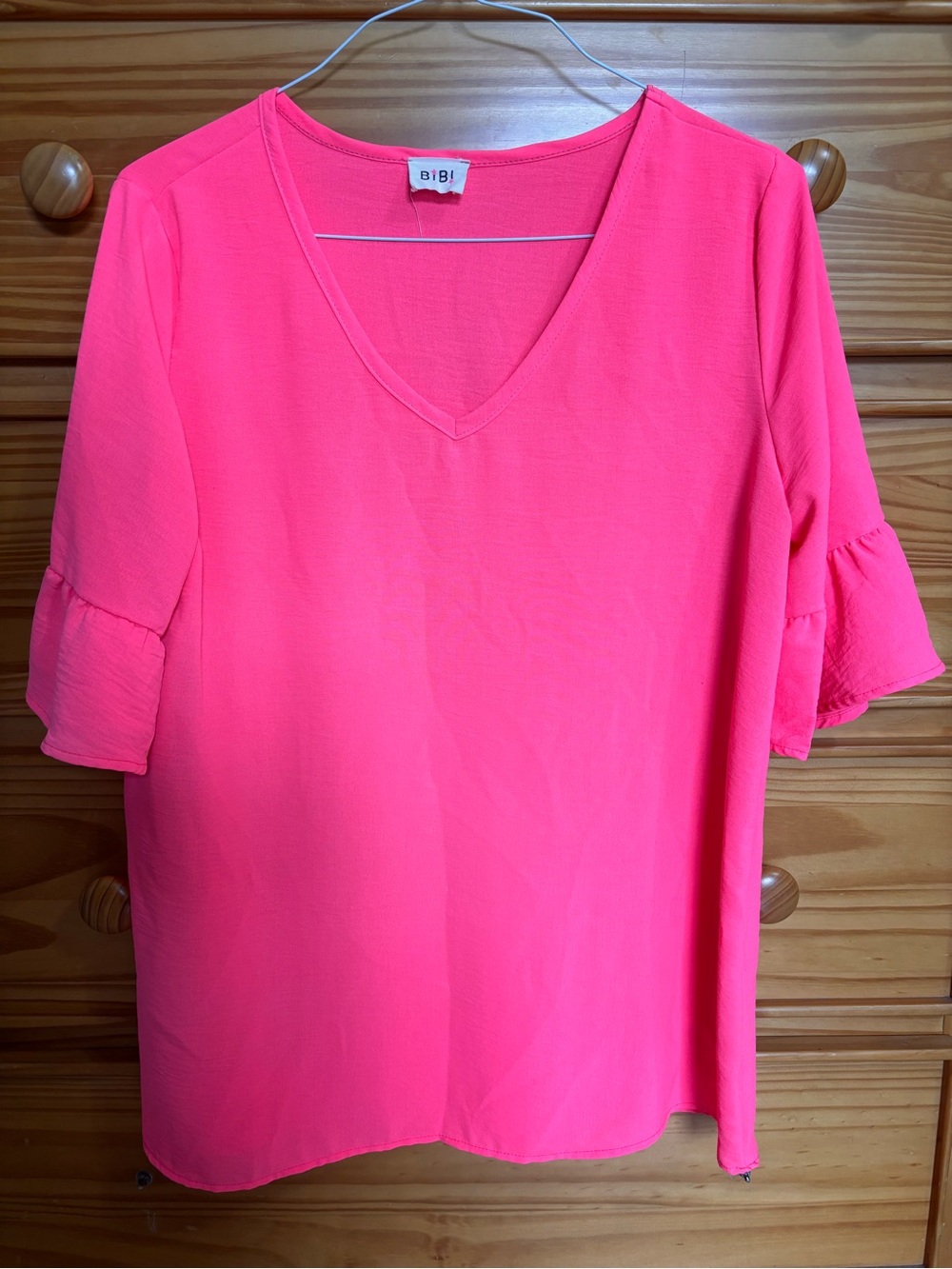 BiBi Neon Pink V-Neck Flutter Sleeve Blouse